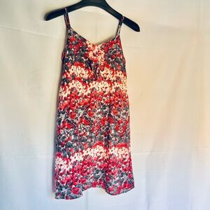 100% Cotton Floral Poppy Red and Navy Spaghetti Strap Dress with Ruffles